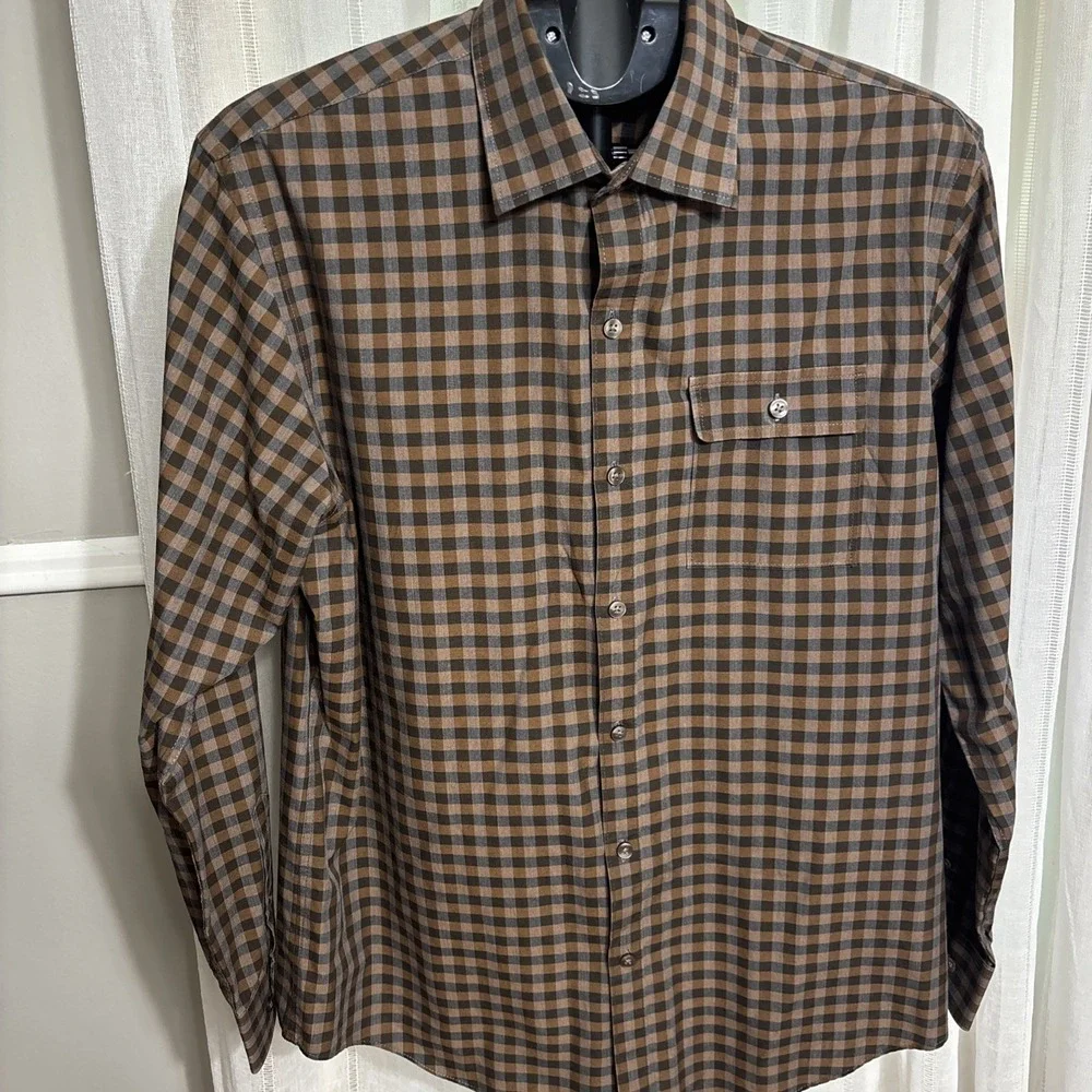 Van Heusen Mens Button Down‎ Dress Shirt Plaid Brown Size M 15/15.5 Preppy